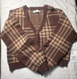 Hollister Plaid Cropped Cardigan Brown Tan Button Up V Neck